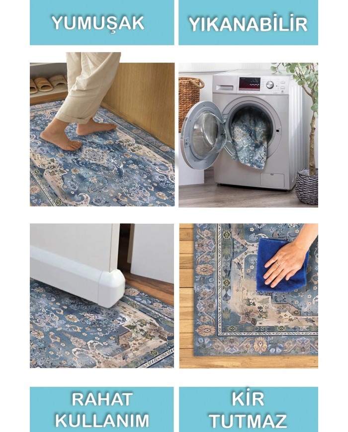 Madala Desenli Pamuk Tabanlı Yıkanabilen Kaymaz Antibakteriyel Şönil Salon Halısı