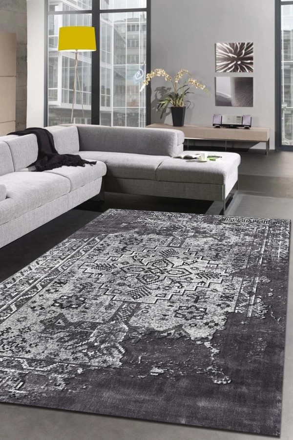 Maggie Desenli Pamuk Tabanlı Yıkanabilen Kaymaz Antibakteriyel Şönil Salon Halısı