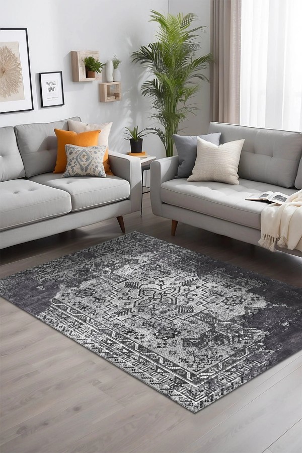 Maggie Desenli Pamuk Tabanlı Yıkanabilen Kaymaz Antibakteriyel Şönil Salon Halısı