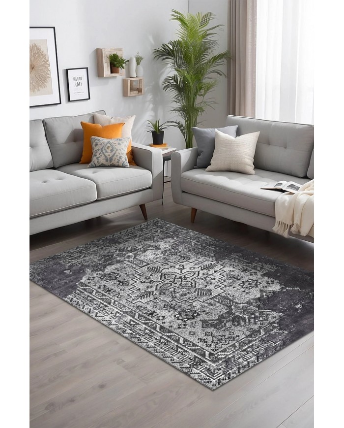 Maggie Desenli Pamuk Tabanlı Yıkanabilen Kaymaz Antibakteriyel Şönil Salon Halısı