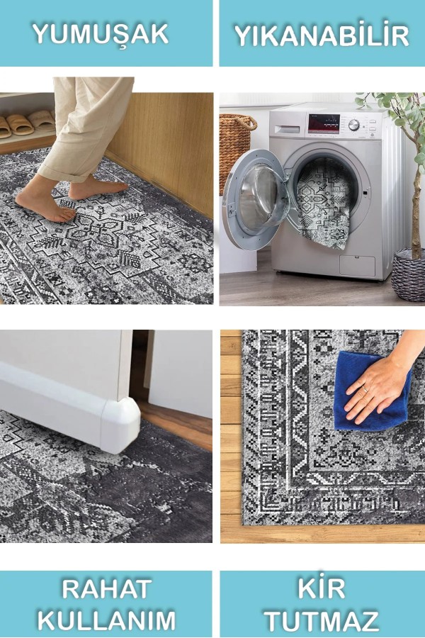 Maggie Desenli Pamuk Tabanlı Yıkanabilen Kaymaz Antibakteriyel Şönil Salon Halısı