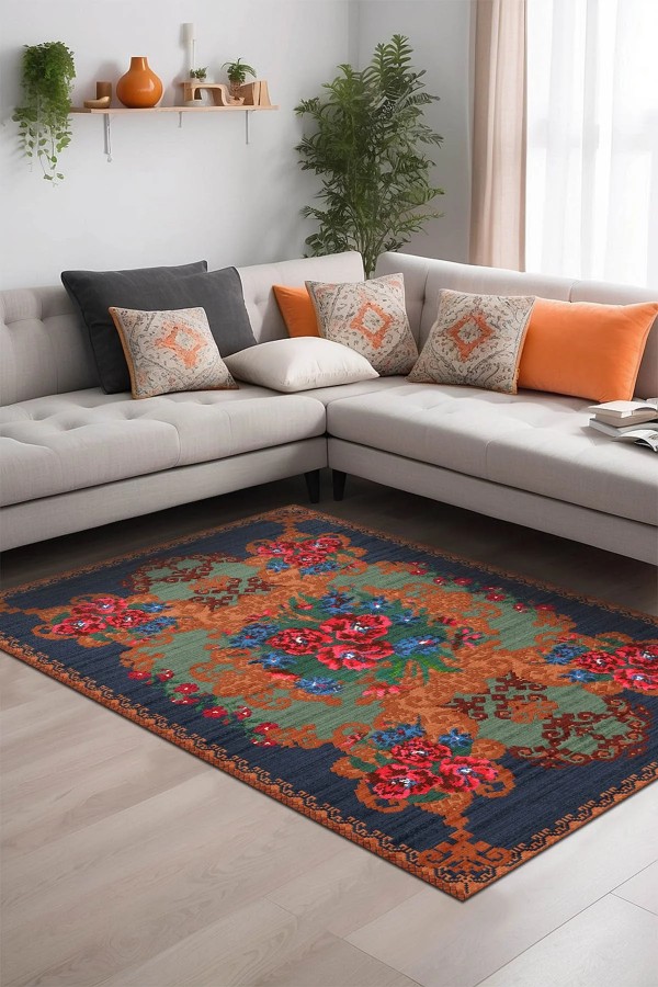 Mandy Desenli Pamuk Tabanlı Yıkanabilen Kaymaz Antibakteriyel Şönil Salon Halısı