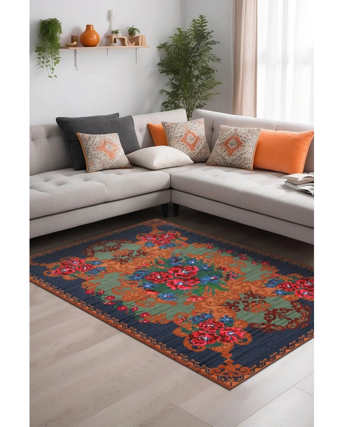 Mandy Desenli Pamuk Tabanlı Yıkanabilen Kaymaz Antibakteriyel Şönil Salon Halısı