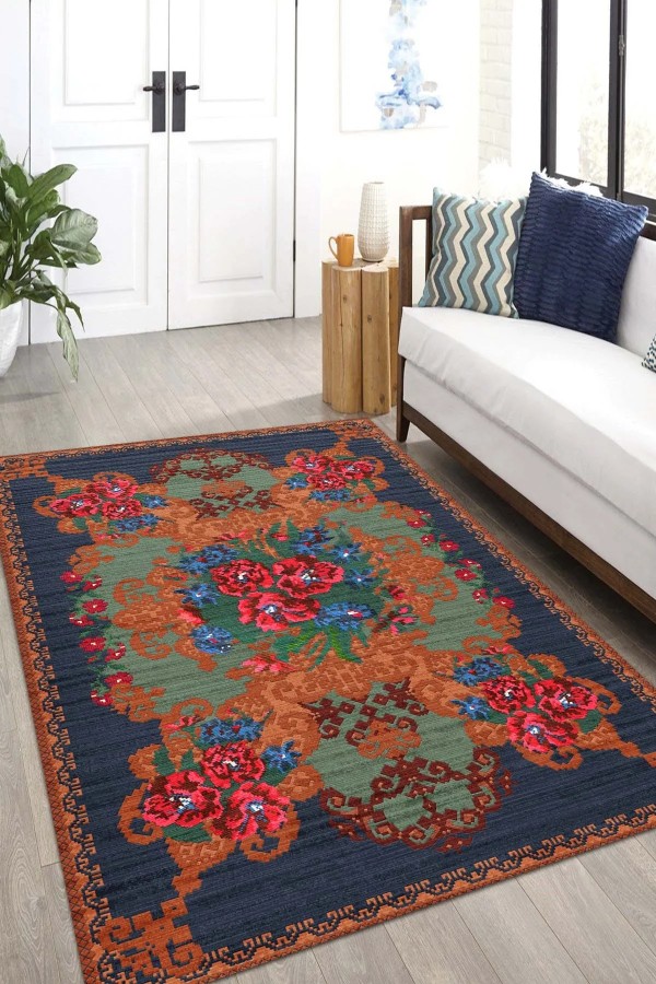 Mandy Desenli Pamuk Tabanlı Yıkanabilen Kaymaz Antibakteriyel Şönil Salon Halısı