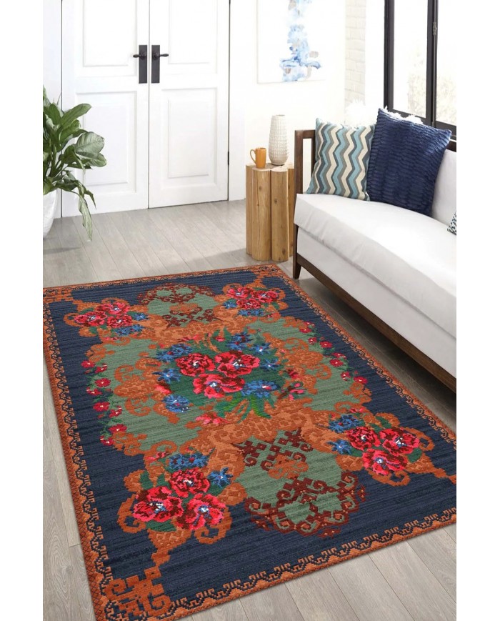 Mandy Desenli Pamuk Tabanlı Yıkanabilen Kaymaz Antibakteriyel Şönil Salon Halısı