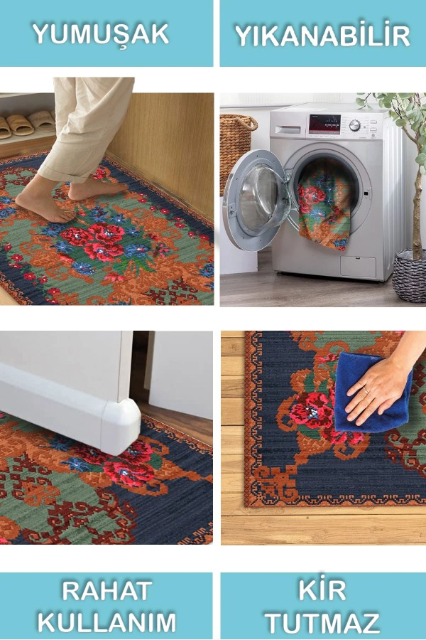 Mandy Desenli Pamuk Tabanlı Yıkanabilen Kaymaz Antibakteriyel Şönil Salon Halısı