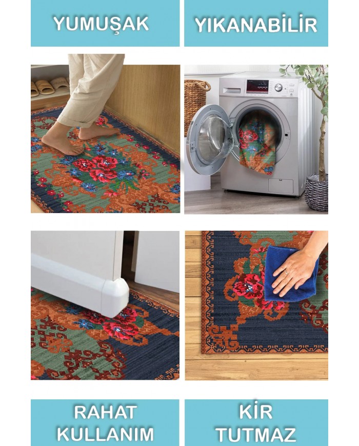 Mandy Desenli Pamuk Tabanlı Yıkanabilen Kaymaz Antibakteriyel Şönil Salon Halısı