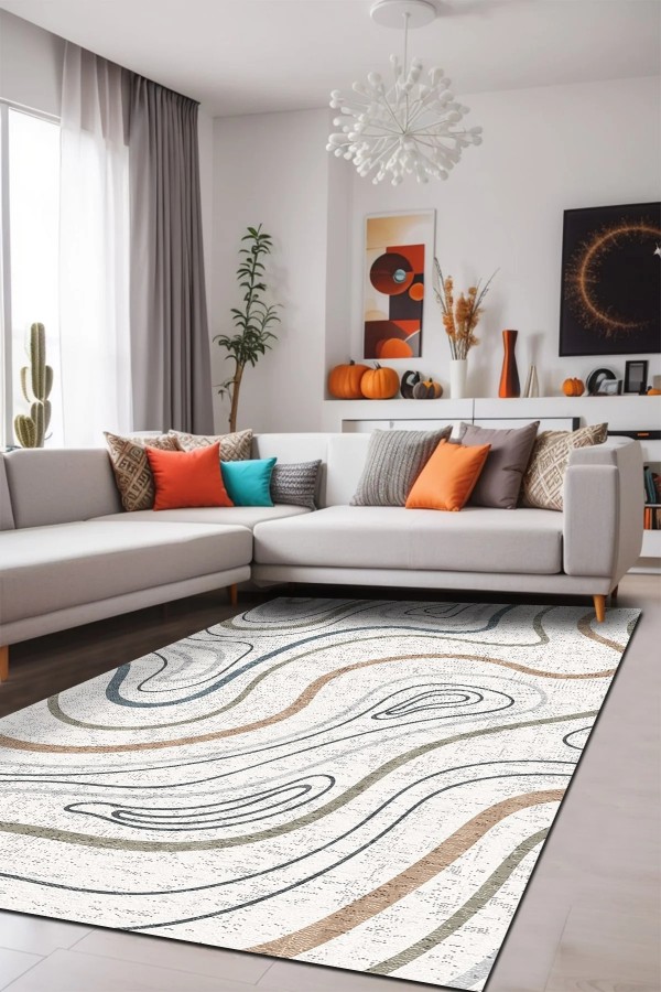 Marky Desenli Pamuk Tabanlı Yıkanabilen Kaymaz Antibakteriyel Şönil Salon Halısı