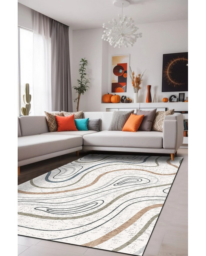 Marky Desenli Pamuk Tabanlı Yıkanabilen Kaymaz Antibakteriyel Şönil Salon Halısı