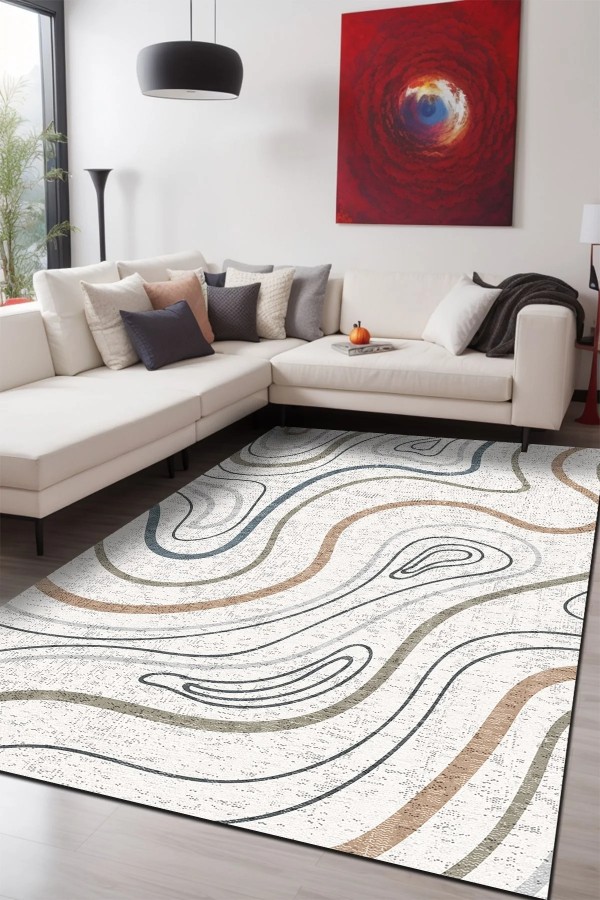 Marky Desenli Pamuk Tabanlı Yıkanabilen Kaymaz Antibakteriyel Şönil Salon Halısı