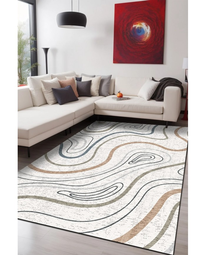 Marky Desenli Pamuk Tabanlı Yıkanabilen Kaymaz Antibakteriyel Şönil Salon Halısı