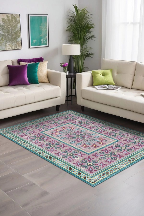 Mayra Desenli Pamuk Tabanlı Yıkanabilen Kaymaz Antibakteriyel Şönil Salon Halısı