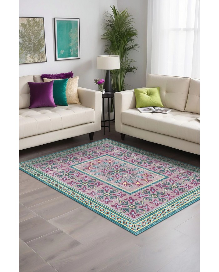 Mayra Desenli Pamuk Tabanlı Yıkanabilen Kaymaz Antibakteriyel Şönil Salon Halısı