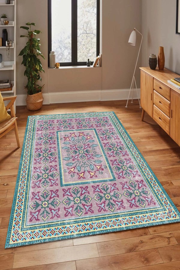 Mayra Desenli Pamuk Tabanlı Yıkanabilen Kaymaz Antibakteriyel Şönil Salon Halısı