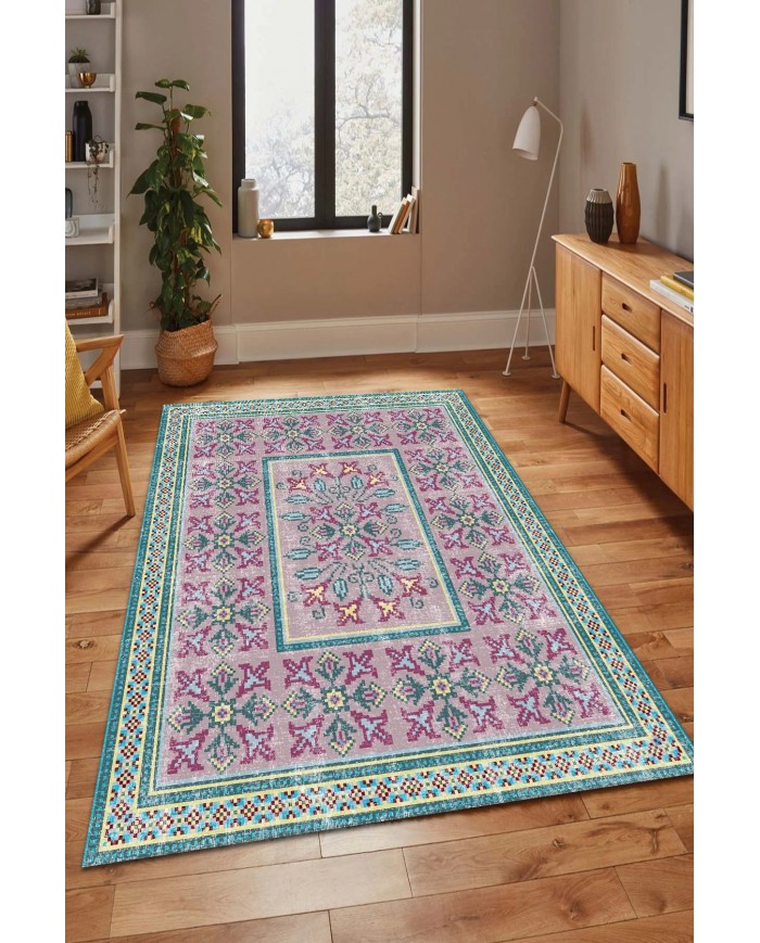 Mayra Desenli Pamuk Tabanlı Yıkanabilen Kaymaz Antibakteriyel Şönil Salon Halısı