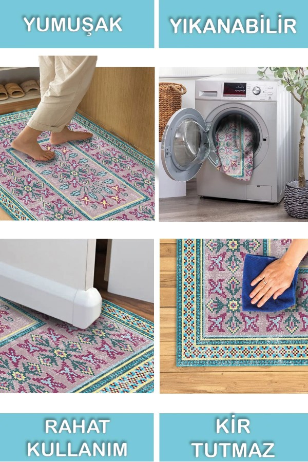 Mayra Desenli Pamuk Tabanlı Yıkanabilen Kaymaz Antibakteriyel Şönil Salon Halısı