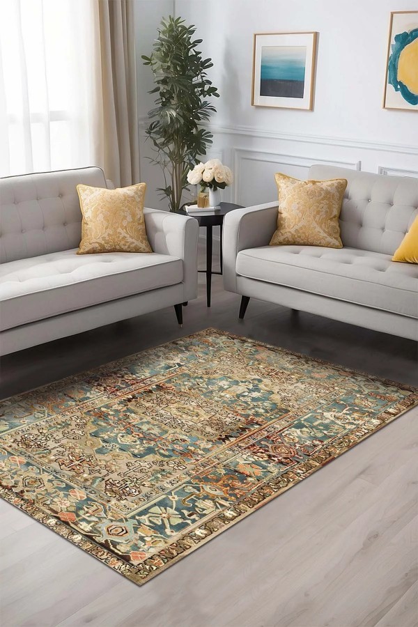 Mesto Desenli Pamuk Tabanlı Yıkanabilen Kaymaz Antibakteriyel Şönil Salon Halısı