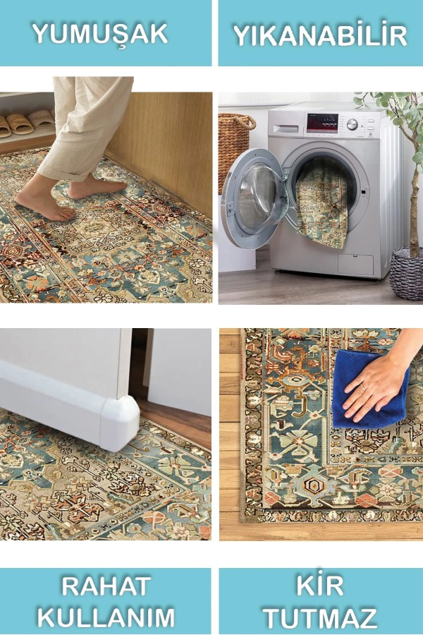 Mesto Desenli Pamuk Tabanlı Yıkanabilen Kaymaz Antibakteriyel Şönil Salon Halısı