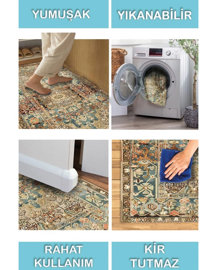 Mesto Desenli Pamuk Tabanlı Yıkanabilen Kaymaz Antibakteriyel Şönil Salon Halısı