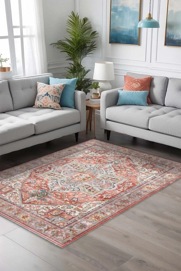 Milo Desenli Pamuk Tabanlı Yıkanabilen Kaymaz Antibakteriyel Şönil Salon Halısı