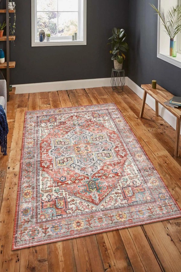 Milo Desenli Pamuk Tabanlı Yıkanabilen Kaymaz Antibakteriyel Şönil Salon Halısı