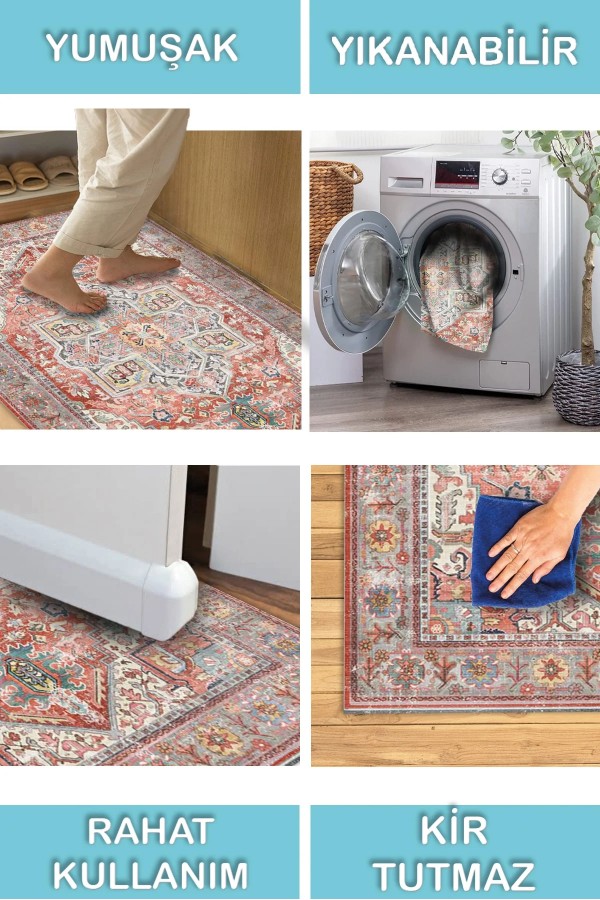 Milo Desenli Pamuk Tabanlı Yıkanabilen Kaymaz Antibakteriyel Şönil Salon Halısı