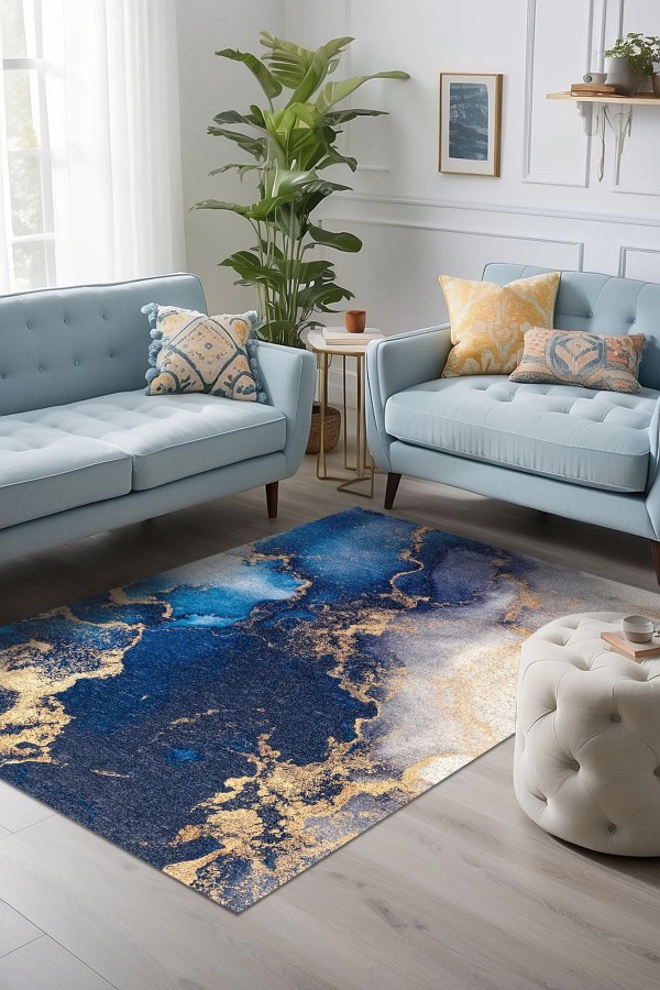 Marblee Desenli Pamuk Tabanlı Yıkanabilen Kaymaz Antibakteriyel Şönil Salon Halısı