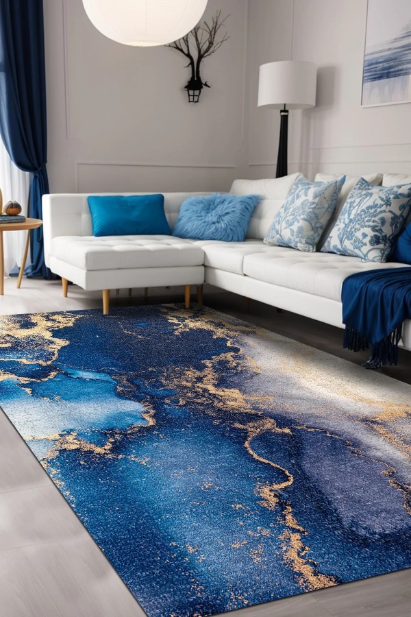 Marblee Desenli Pamuk Tabanlı Yıkanabilen Kaymaz Antibakteriyel Şönil Salon Halısı