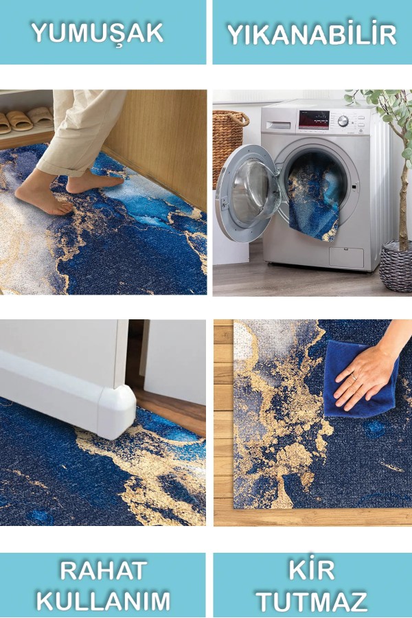 Marblee Desenli Pamuk Tabanlı Yıkanabilen Kaymaz Antibakteriyel Şönil Salon Halısı