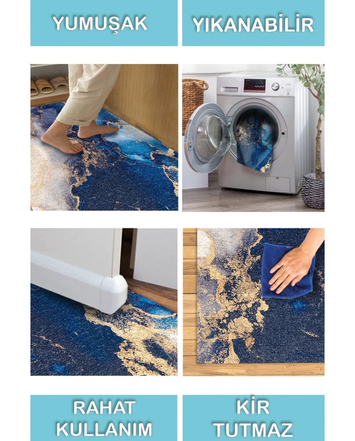 Marblee Desenli Pamuk Tabanlı Yıkanabilen Kaymaz Antibakteriyel Şönil Salon Halısı