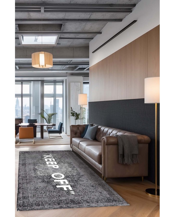 Medaglioane Gri Keep Off Pamuk Tabanlı Yıkanabilen Kaydırmaz Antibakteriyel Şönil Ofis Halısı