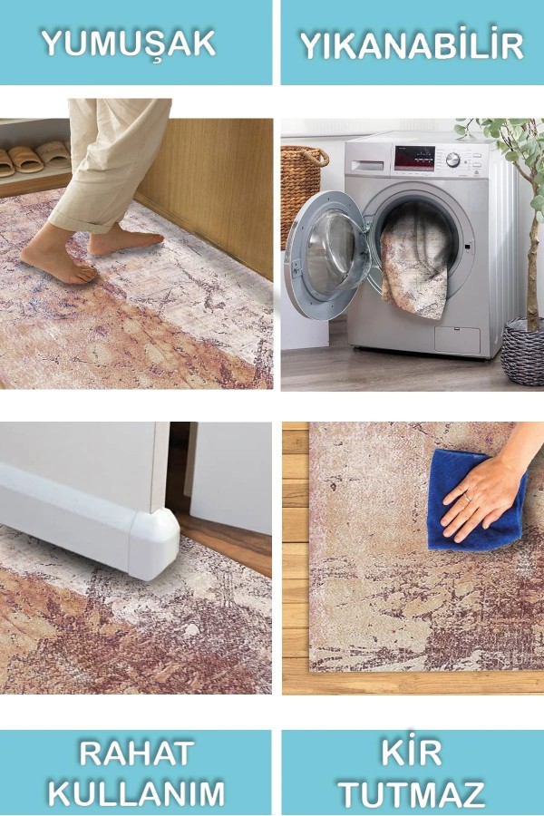 Murlo Desenli Pamuk Tabanlı Yıkanabilen Kaymaz Antibakteriyel Şönil Salon Halısı