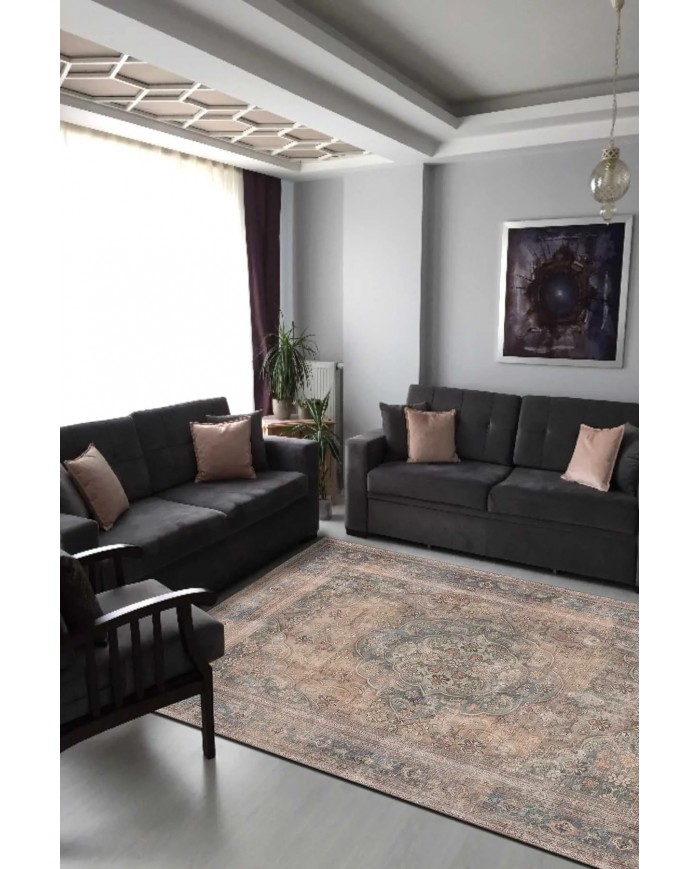 Nalia Desenli Pamuk Tabanlı Yıkanabilen Kaymaz Antibakteriyel Şönil Salon Halısı