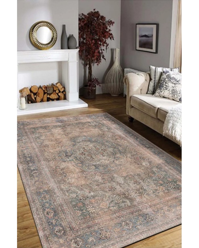 Nalia Desenli Pamuk Tabanlı Yıkanabilen Kaymaz Antibakteriyel Şönil Salon Halısı