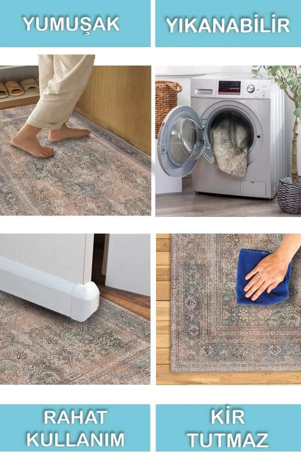 Nalia Desenli Pamuk Tabanlı Yıkanabilen Kaymaz Antibakteriyel Şönil Salon Halısı