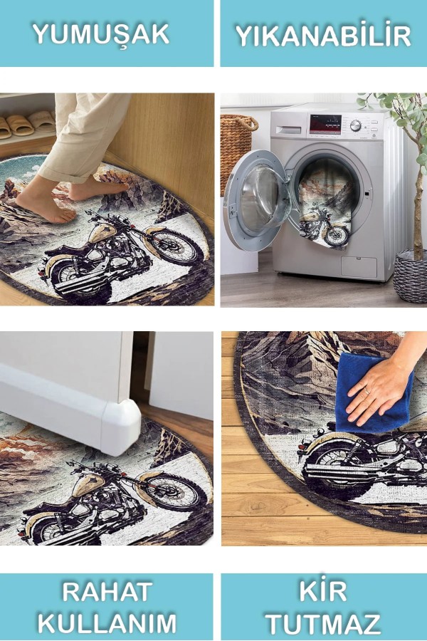 Motorcyle Pamuk Tabanlı Yıkanabilen Kaymaz Antibakteriyel Şönil Yuvarlak Halı