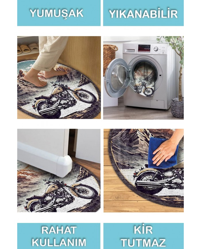 Motorcyle Pamuk Tabanlı Yıkanabilen Kaymaz Antibakteriyel Şönil Yuvarlak Halı