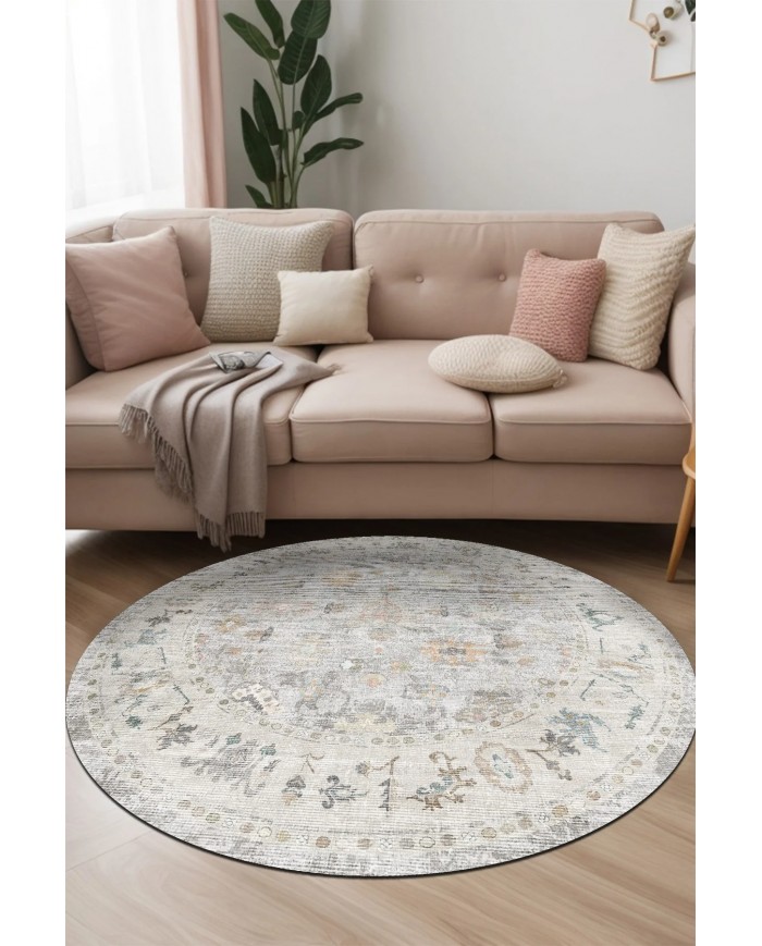 Renal Pamuk Tabanlı Yıkanabilen Kaydırmaz Antibakteriyel Şönil Yuvarlak Halı