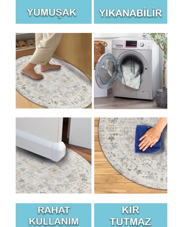 Renal Pamuk Tabanlı Yıkanabilen Kaydırmaz Antibakteriyel Şönil Yuvarlak Halı