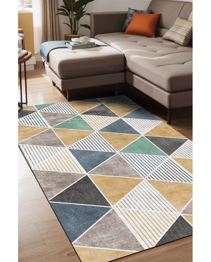 Renor Desenli Pamuk Tabanlı Yıkanabilen Kaydırmaz Antibakteriyel Şönil Salon Halısı