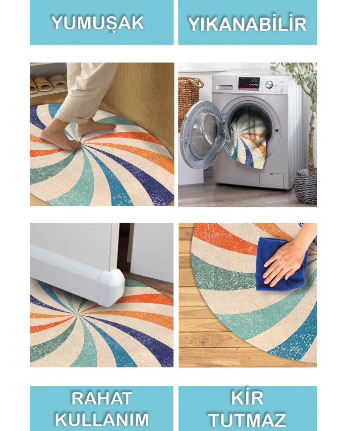 Pool Pamuk Tabanlı Yıkanabilen Kaydırmaz Antibakteriyel Şönil Yuvarlak Halı