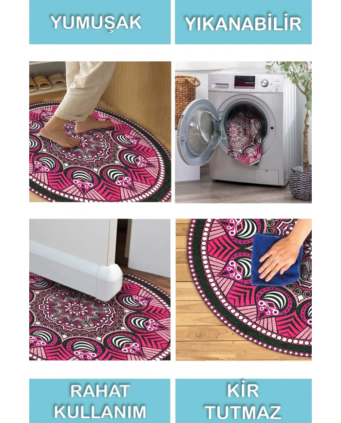 Pomeg Pamuk Tabanlı Yıkanabilen Kaydırmaz Antibakteriyel Şönil Yuvarlak Halı