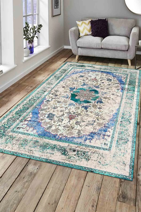 Pergamox Desenli Pamuk Tabanlı Yıkanabilen Kaydırmaz Antibakteriyel Şönil Salon Halısı