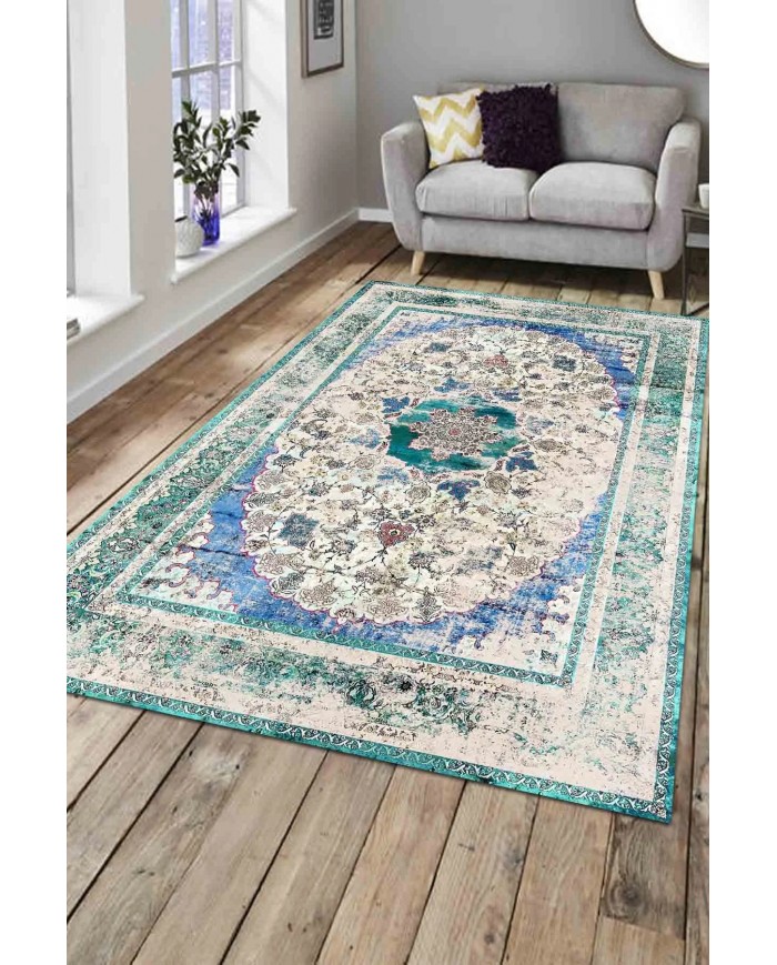 Pergamox Desenli Pamuk Tabanlı Yıkanabilen Kaydırmaz Antibakteriyel Şönil Salon Halısı