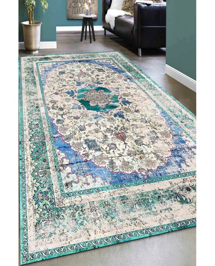 Pergamox Desenli Pamuk Tabanlı Yıkanabilen Kaydırmaz Antibakteriyel Şönil Salon Halısı