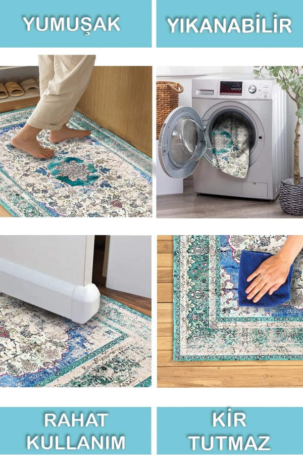 Pergamox Desenli Pamuk Tabanlı Yıkanabilen Kaydırmaz Antibakteriyel Şönil Salon Halısı