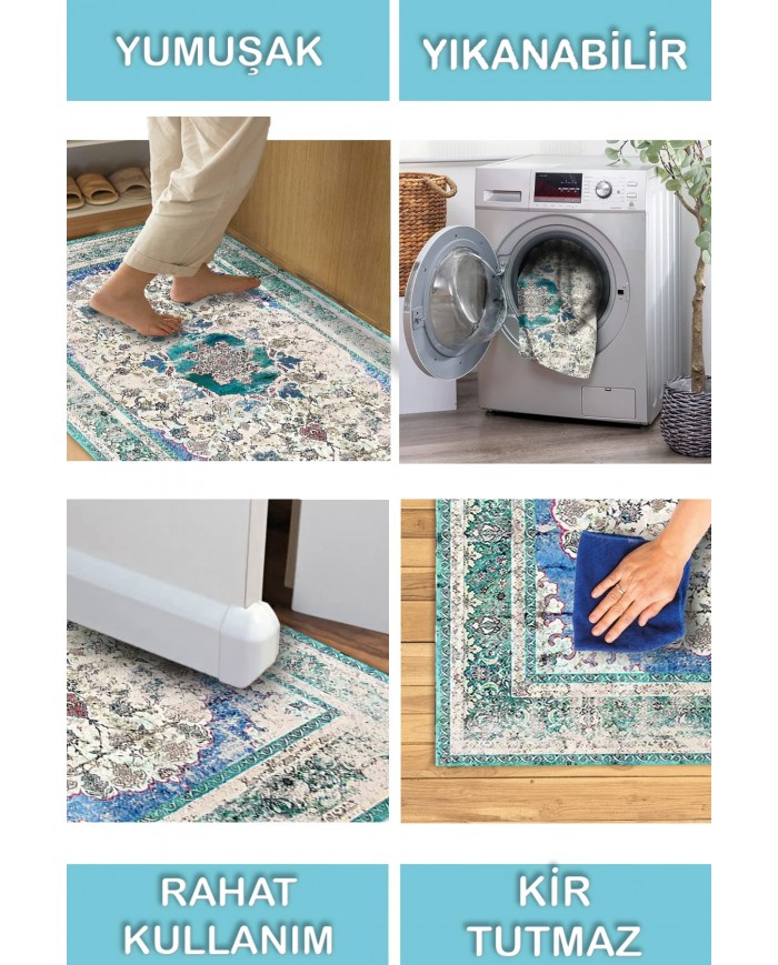 Pergamox Desenli Pamuk Tabanlı Yıkanabilen Kaydırmaz Antibakteriyel Şönil Salon Halısı