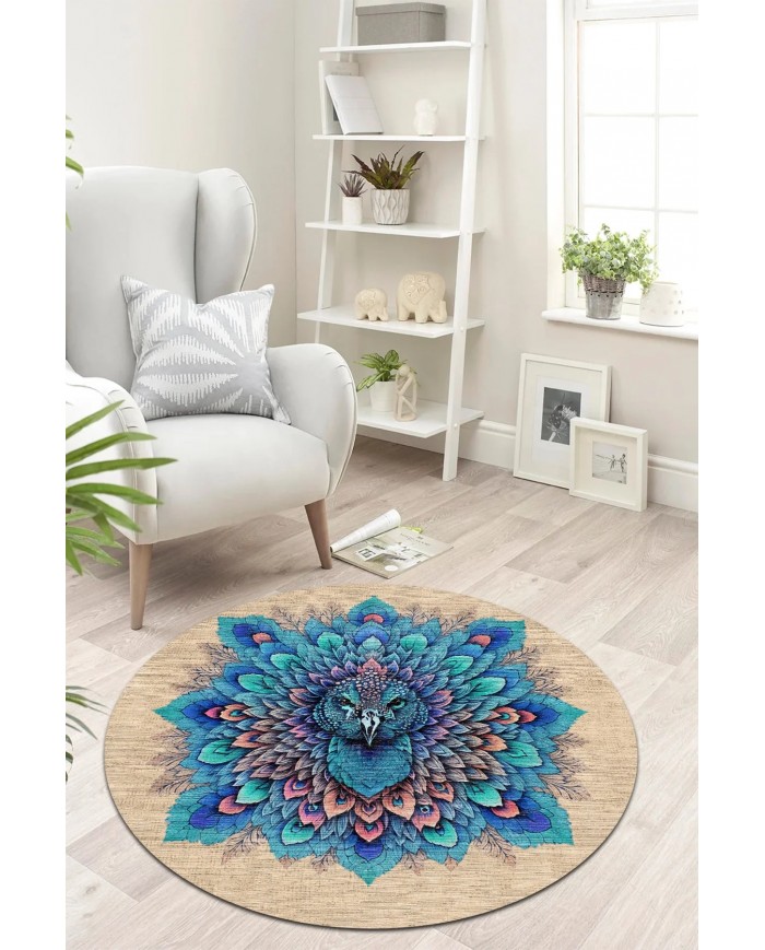 Peacock Pamuk Tabanlı Yıkanabilen Kaydırmaz Antibakteriyel Şönil Yuvarlak Halı