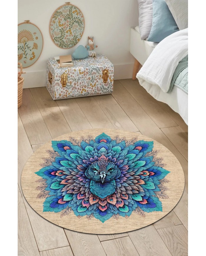 Peacock Pamuk Tabanlı Yıkanabilen Kaydırmaz Antibakteriyel Şönil Yuvarlak Halı