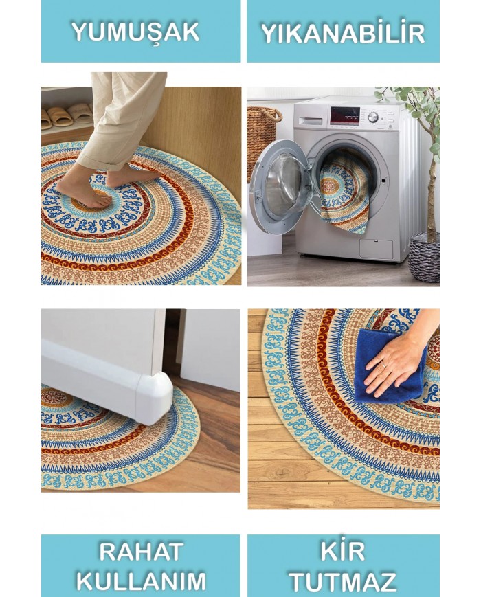 Onat Pamuk Tabanlı Yıkanabilen Kaydırmaz Antibakteriyel Şönil Yuvarlak Halı